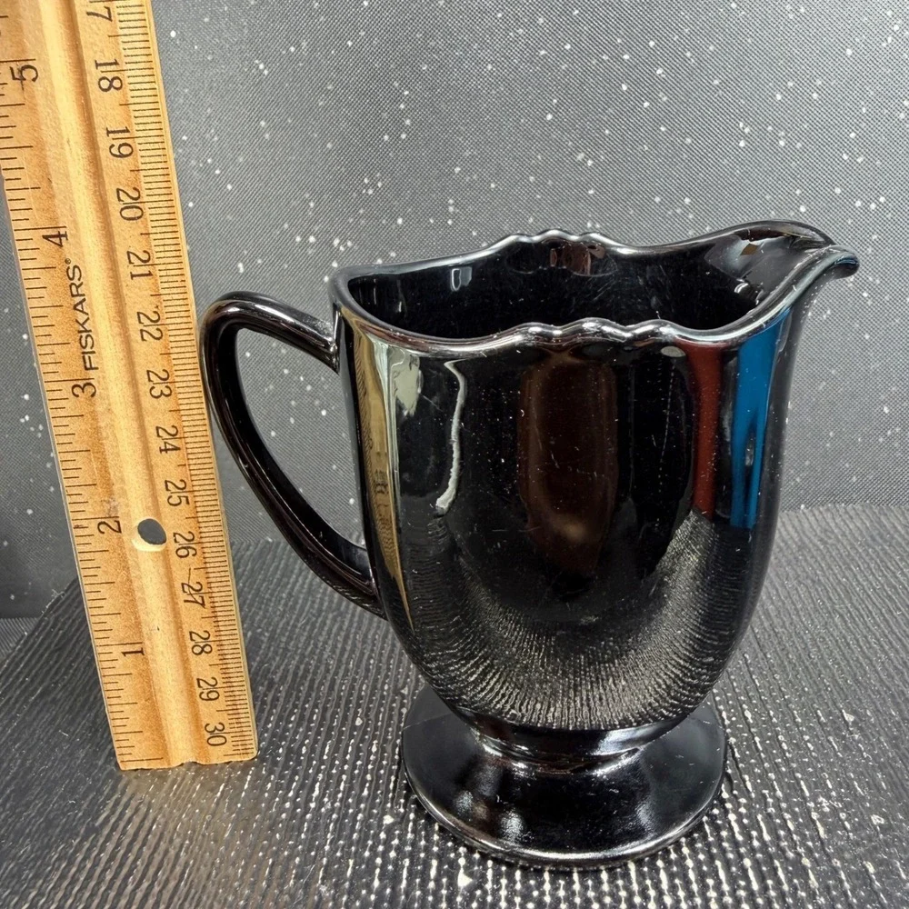 New Martinsville Black Amethyst Glass Creamer and Sugar Bowl Set Scalloped